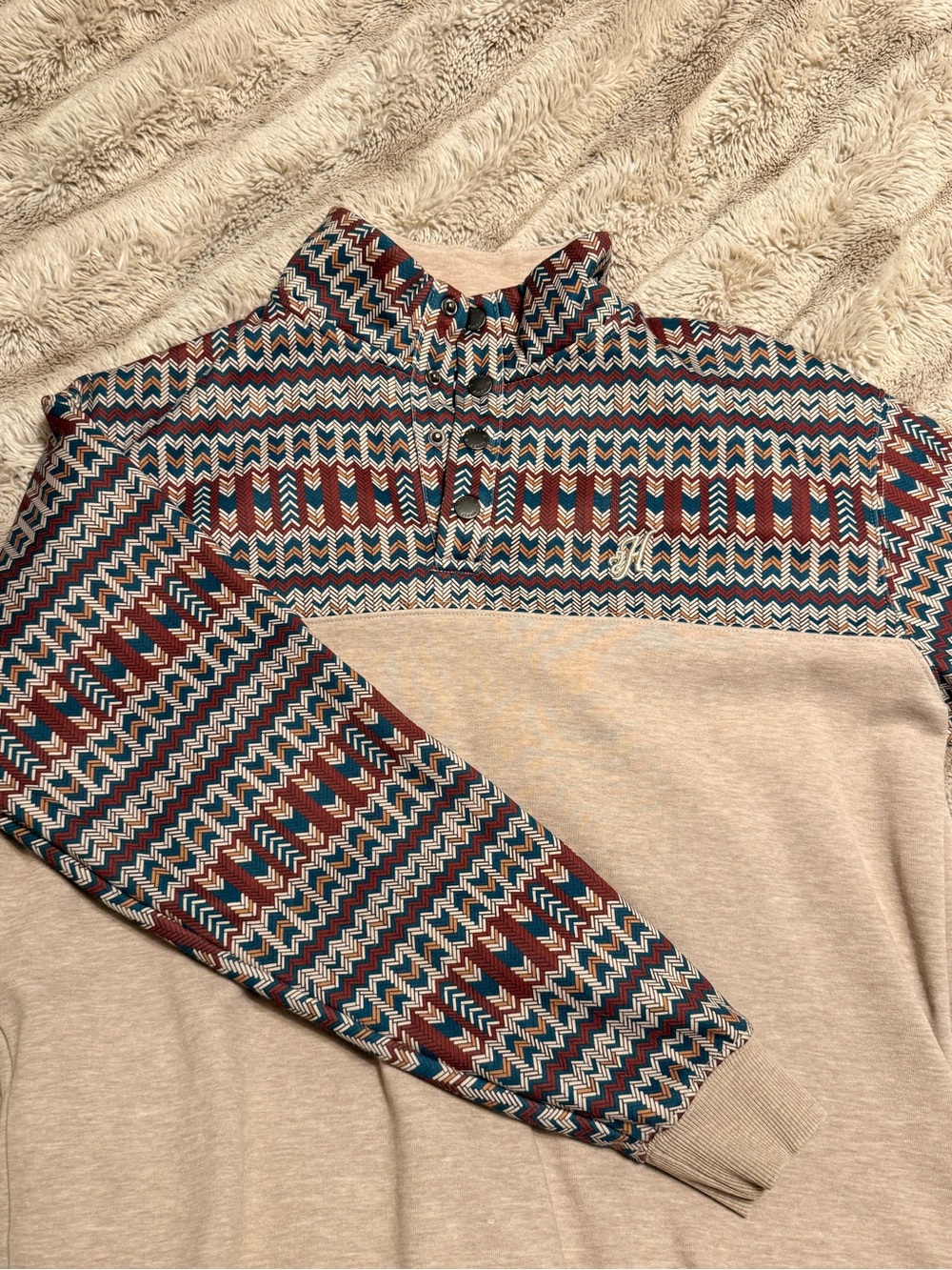 Hooey Beige Quarter-Zip Sweater with Red and Teal Geometric Yoke